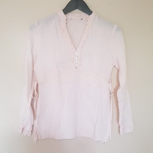 Edward Irish linen pink ruffled cottagecore Victorian  long sleeve blouse sz S - Picture 1 of 6